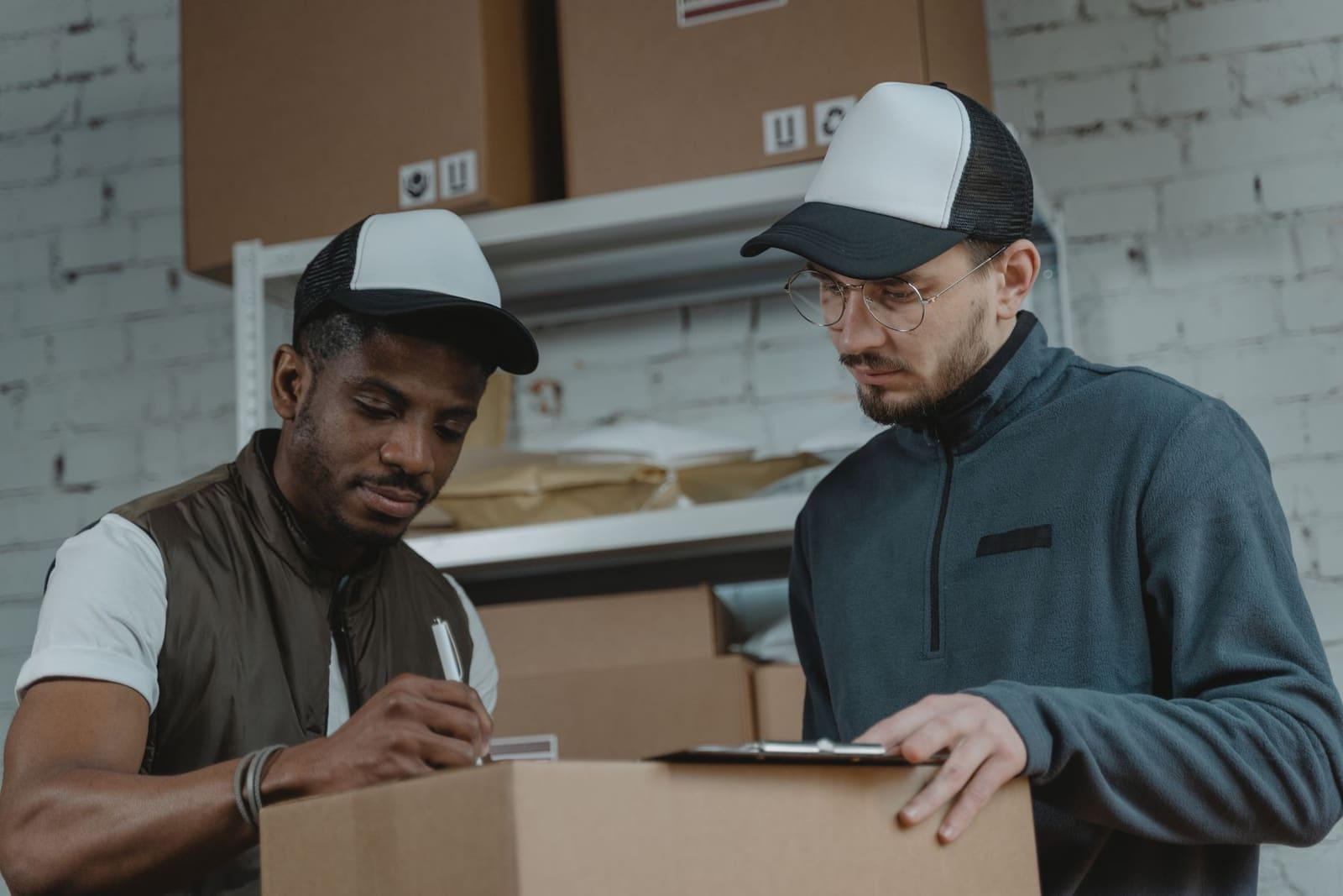 Two fulfilment operatives checking an order against a clipboard beside shelving.